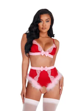 2pc Lace & Satin Marabou Bra Set