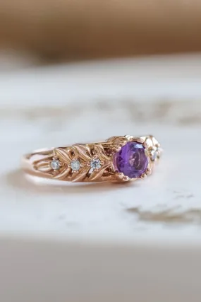 Amethyst leaf engagement ring with diamonds / Silvestra