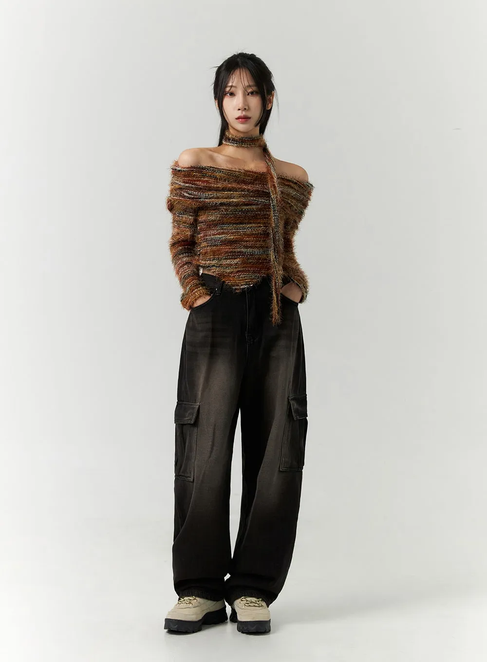 Asymmetrical Off-Shoulder Knit Sweater with Scarf CN320