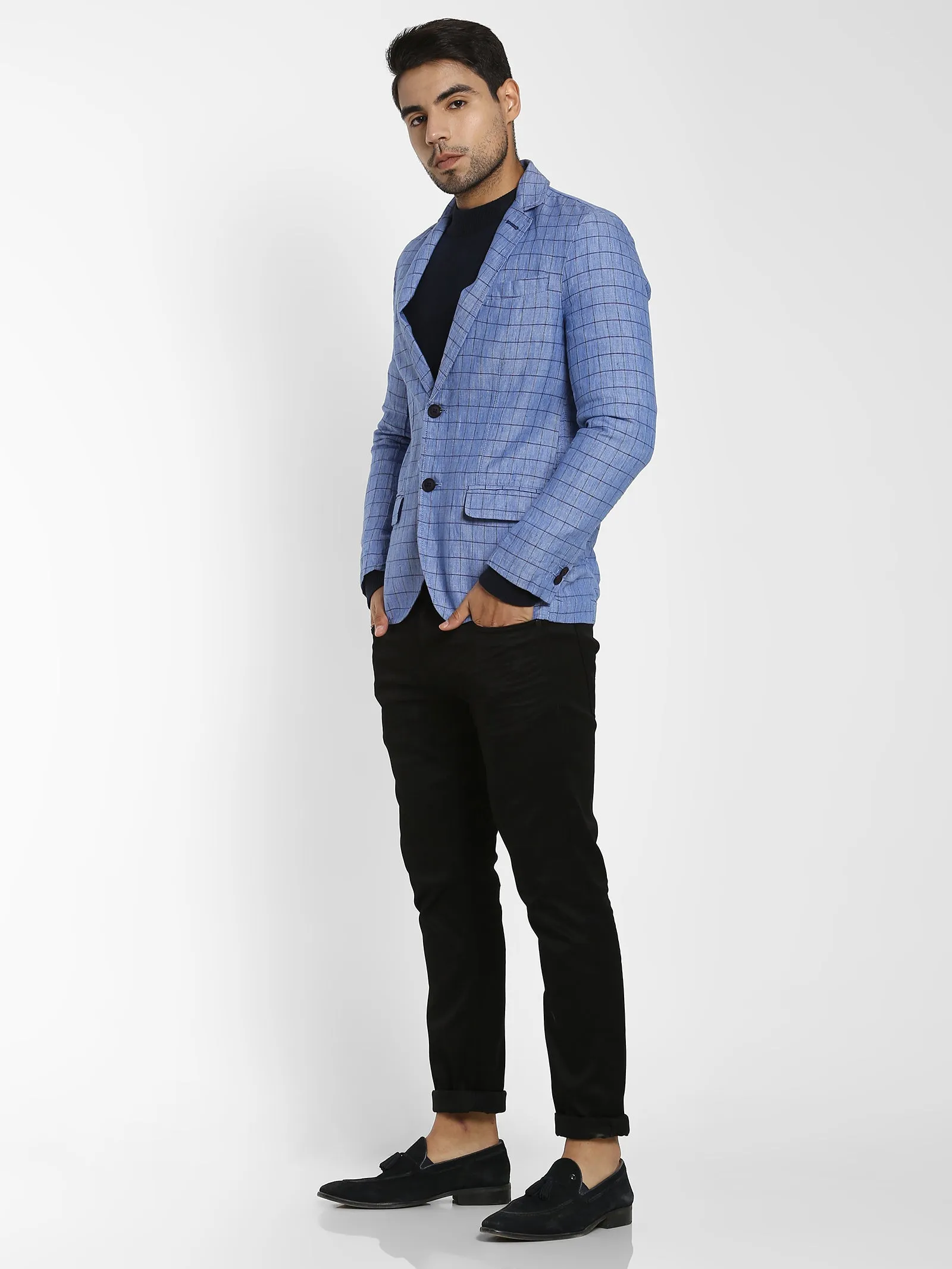 Blue Checked Linen Blazer