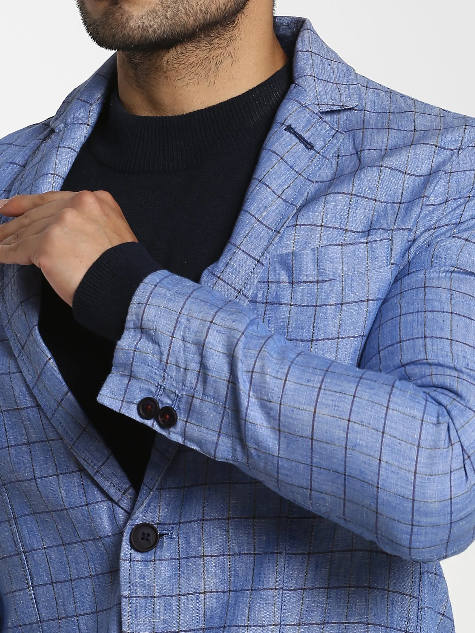 Blue Checked Linen Blazer