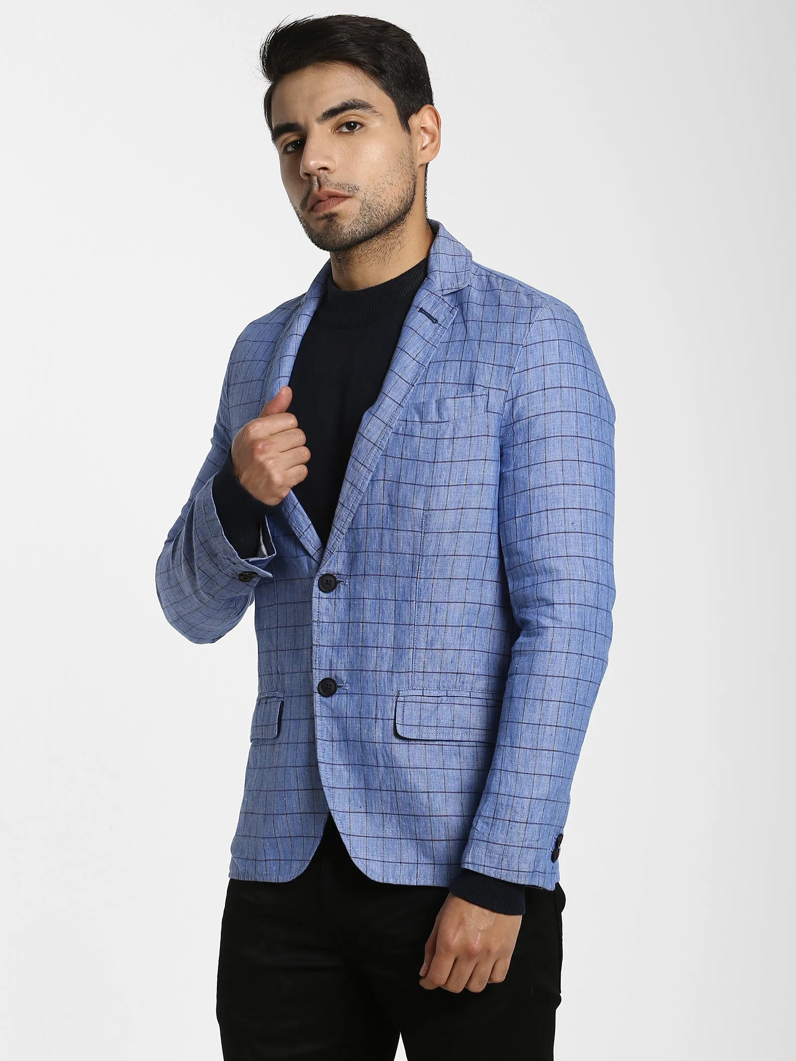 Blue Checked Linen Blazer