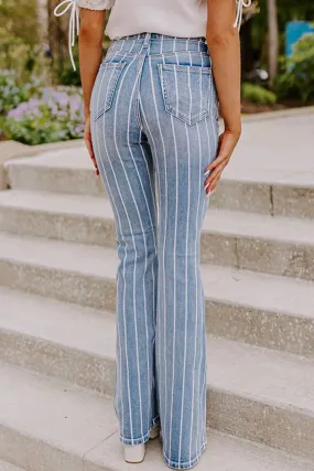 Blue Vertical Striped Ripped Flare Jeans