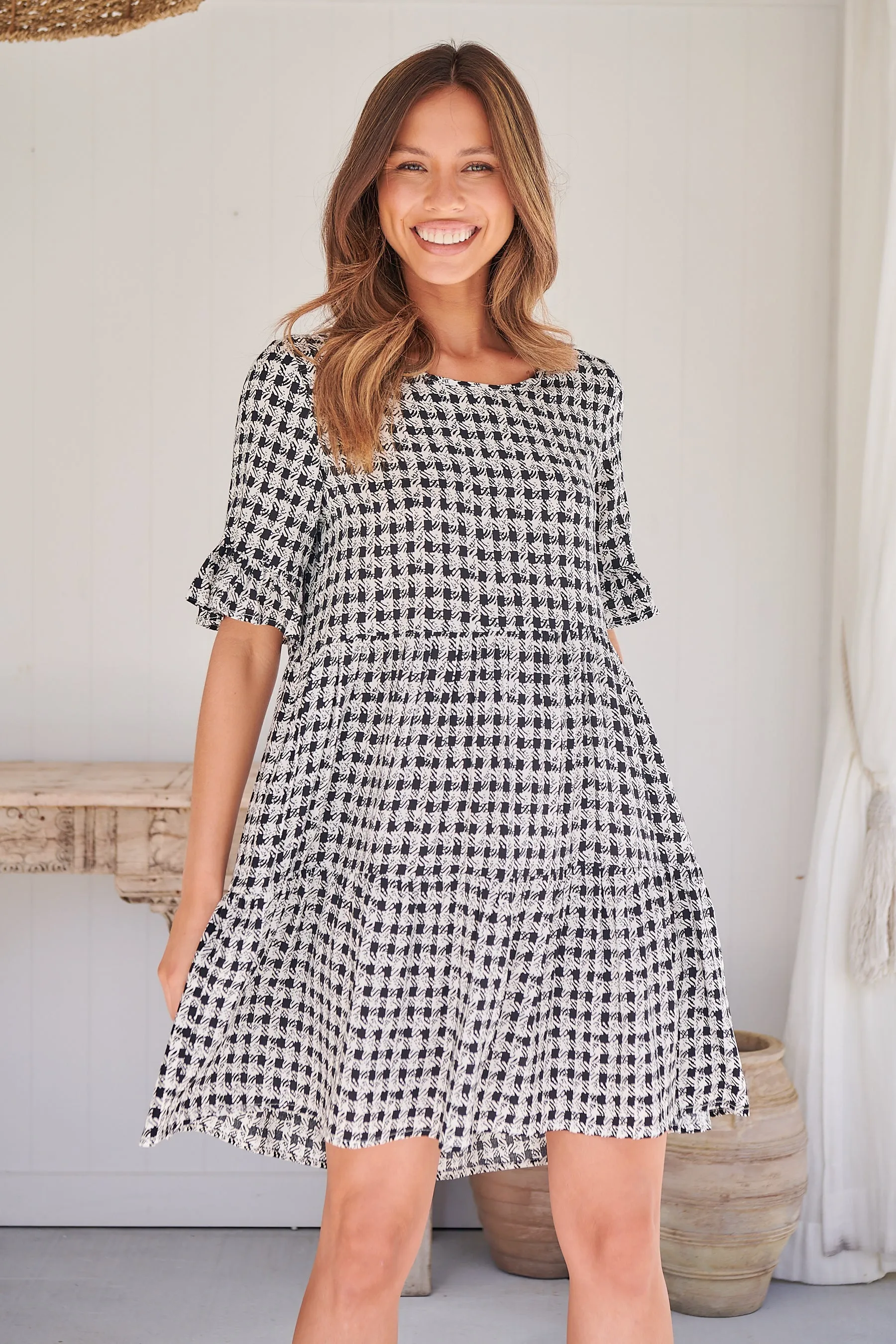 Corinne Tiered Black/White Print Dress