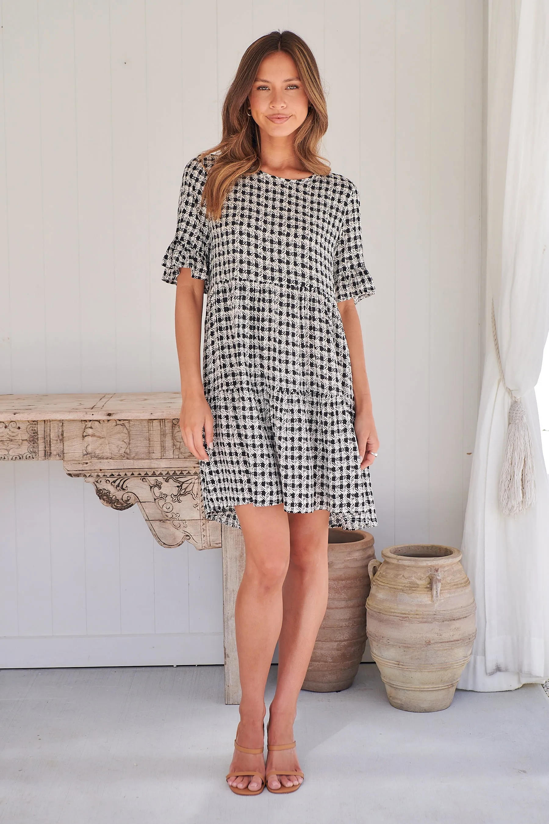 Corinne Tiered Black/White Print Dress