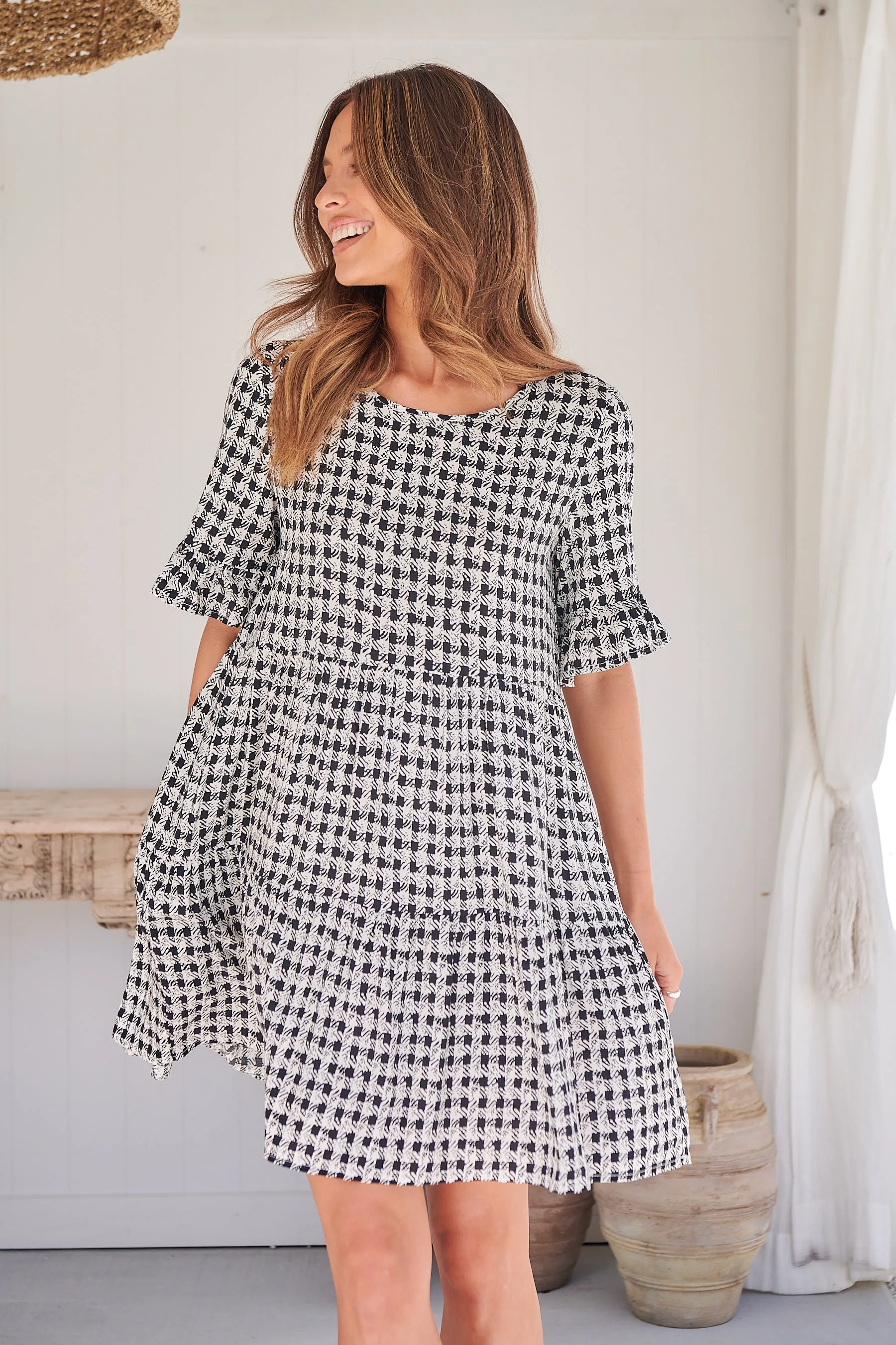 Corinne Tiered Black/White Print Dress