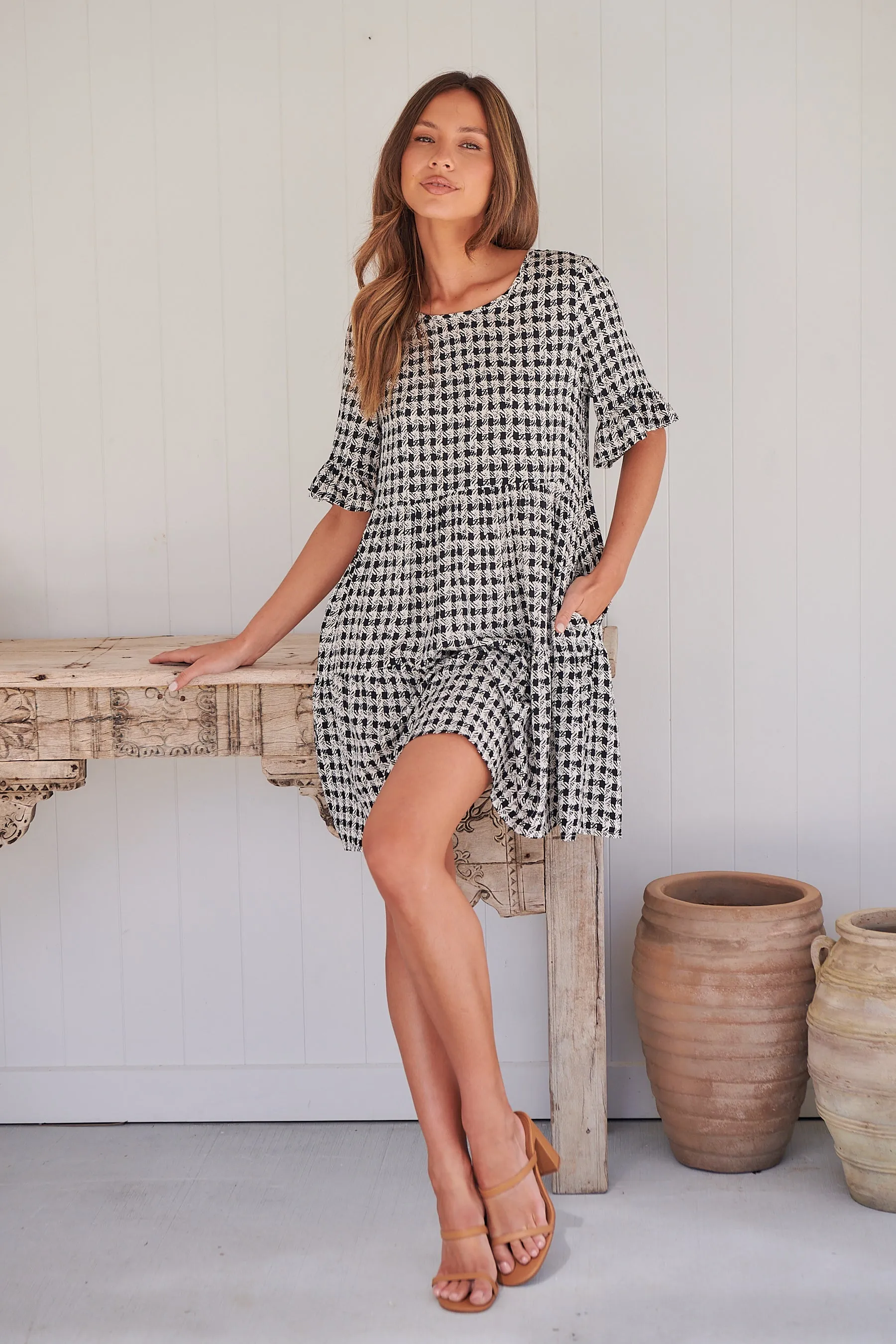 Corinne Tiered Black/White Print Dress