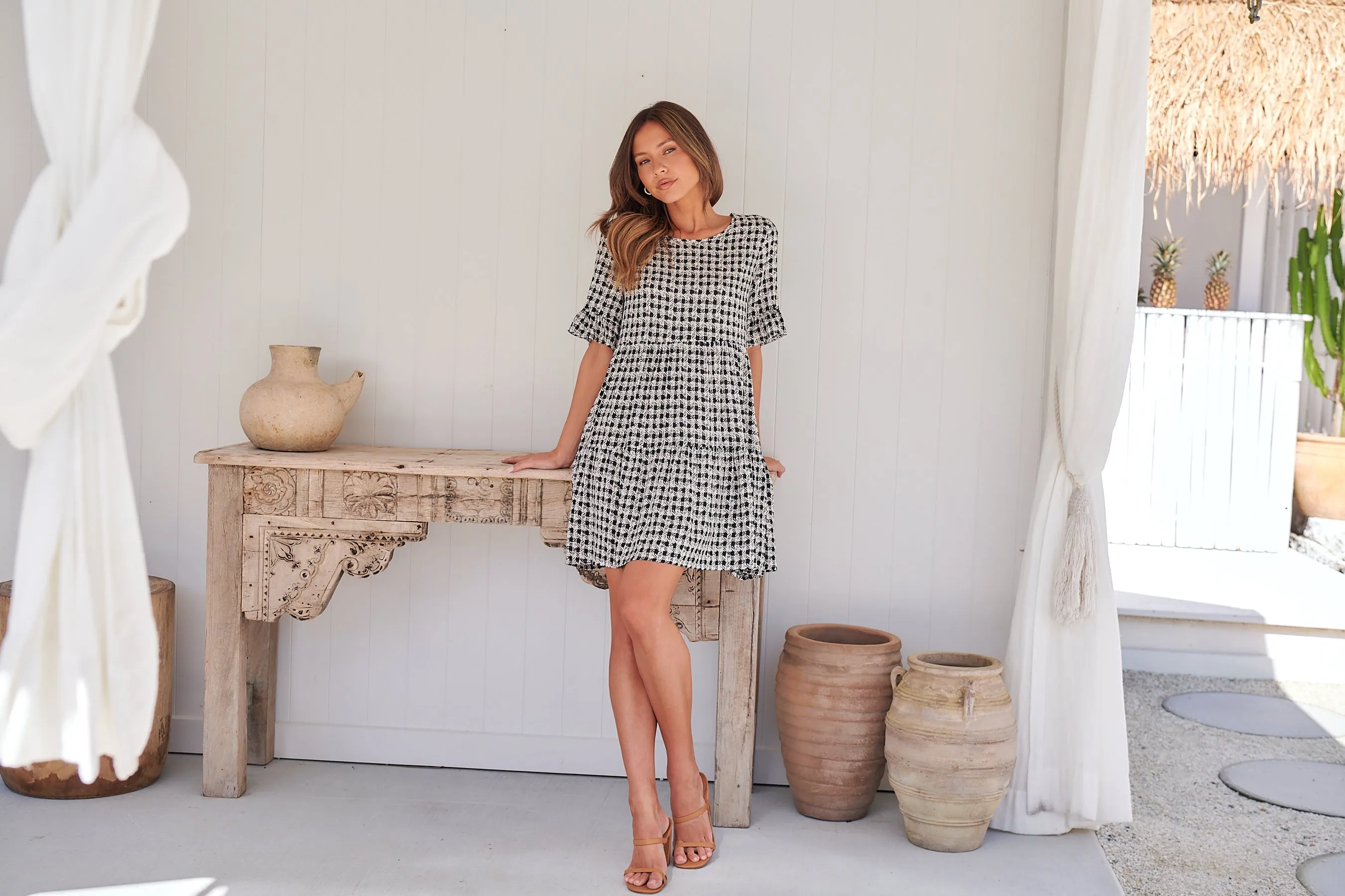 Corinne Tiered Black/White Print Dress