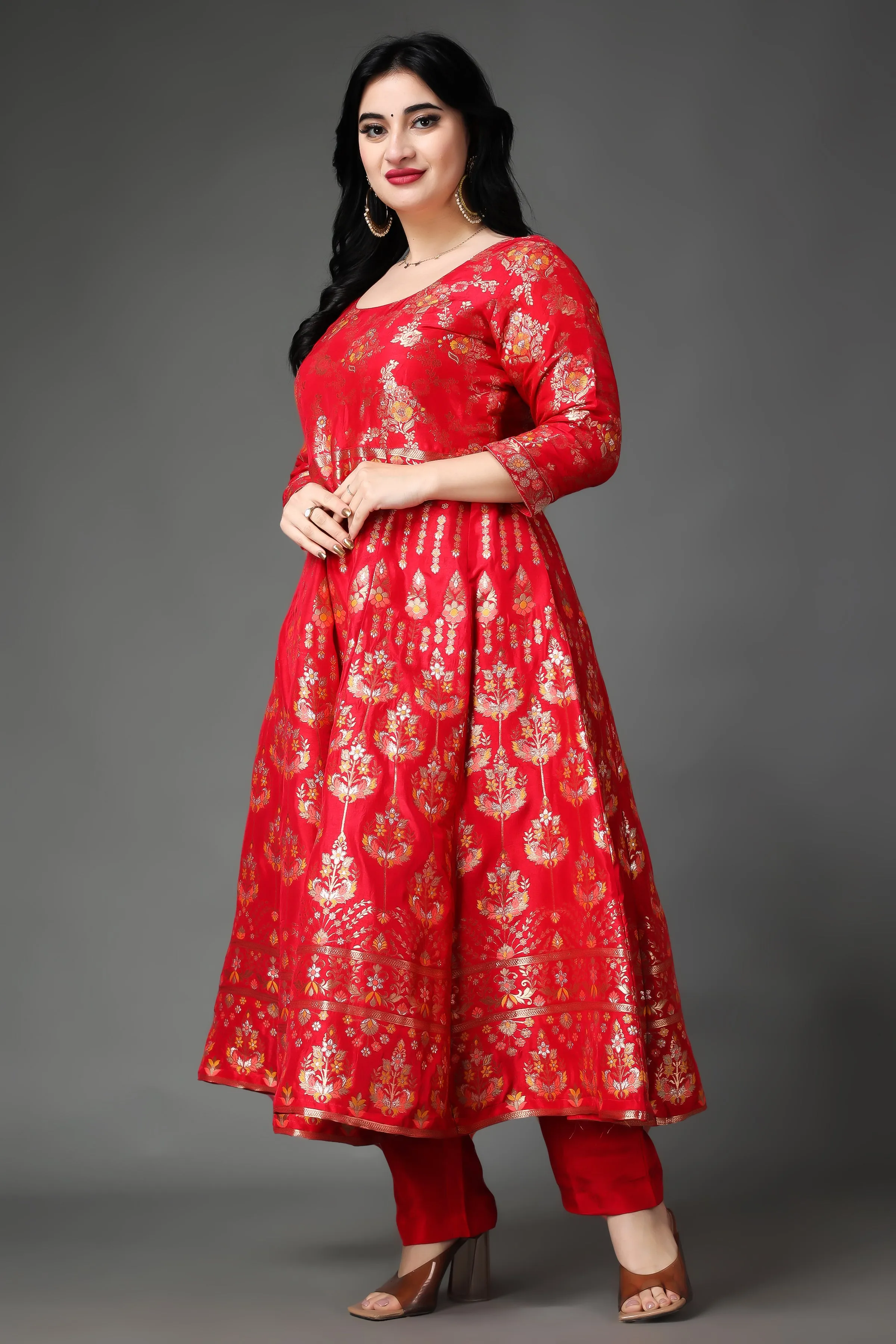 Fiesta Red Tanjore Silk Anarkali Set