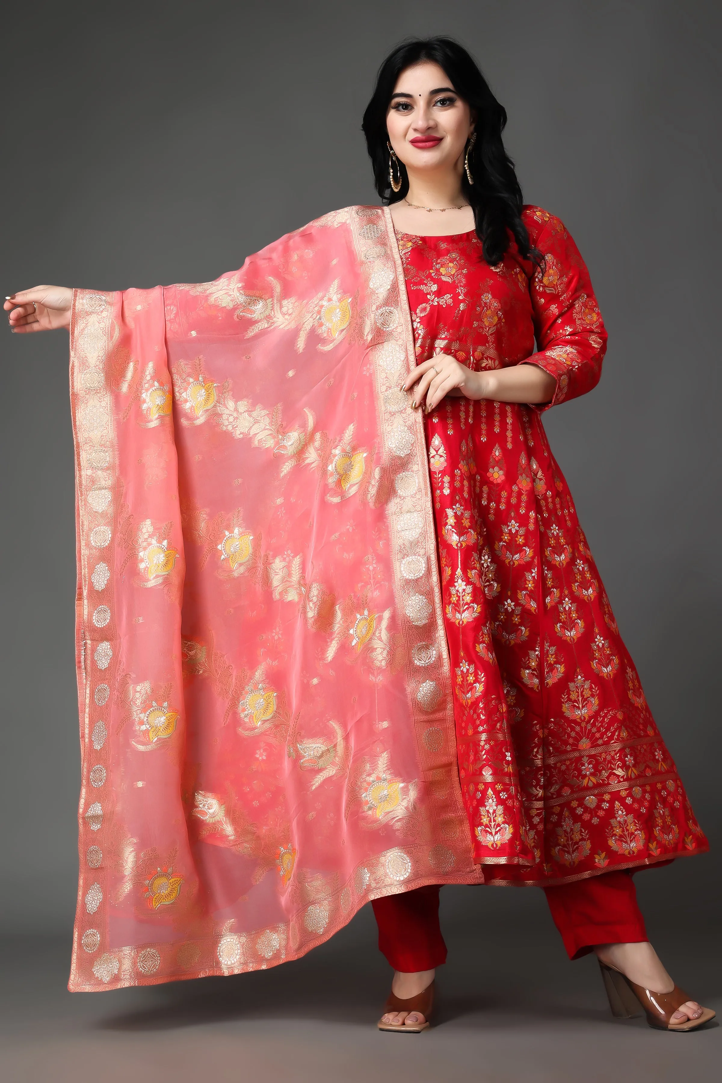 Fiesta Red Tanjore Silk Anarkali Set