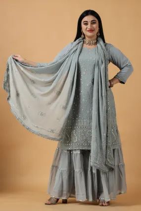 Foggy Grey Chikan Sharara Suit