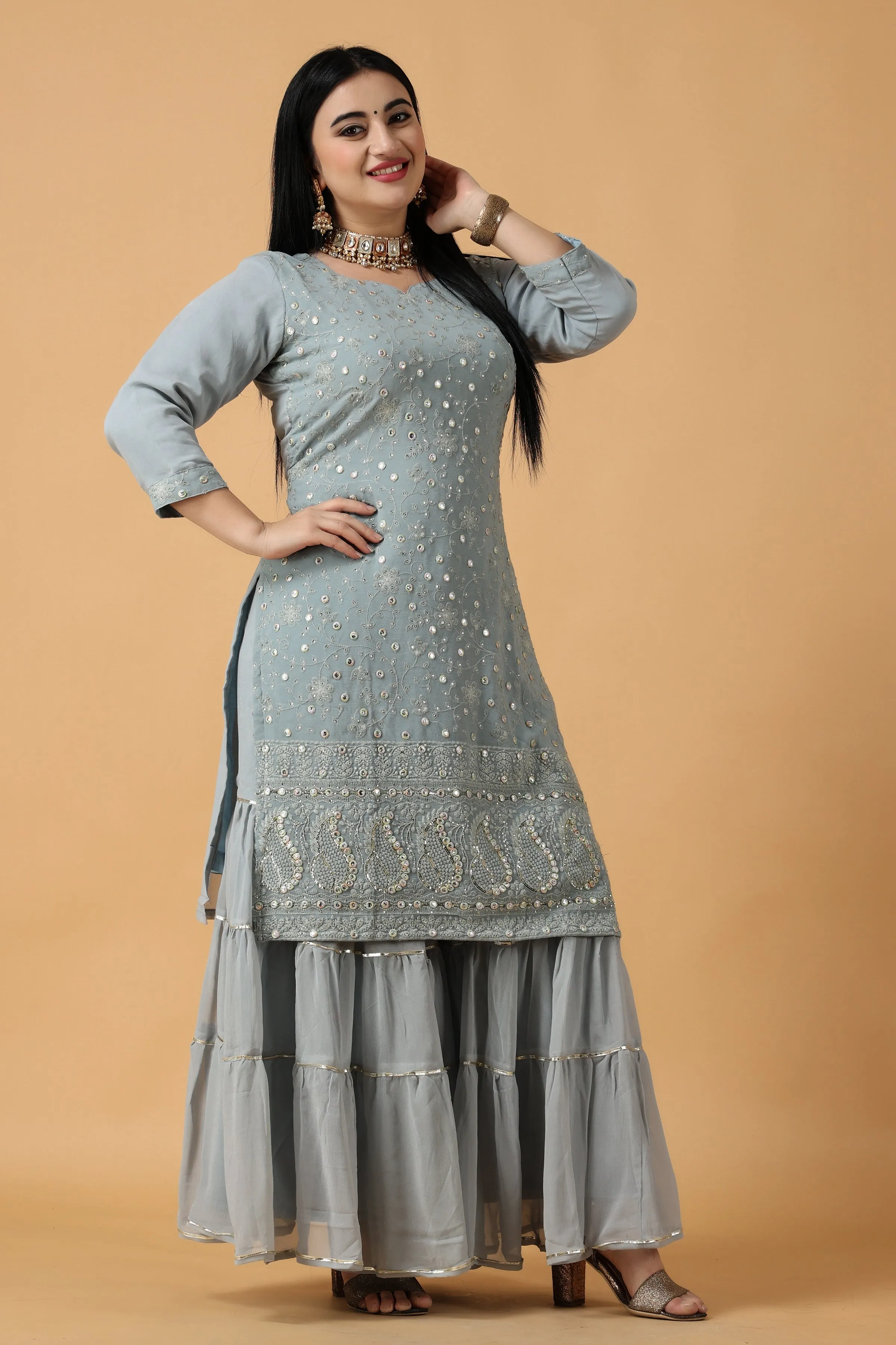 Foggy Grey Chikan Sharara Suit