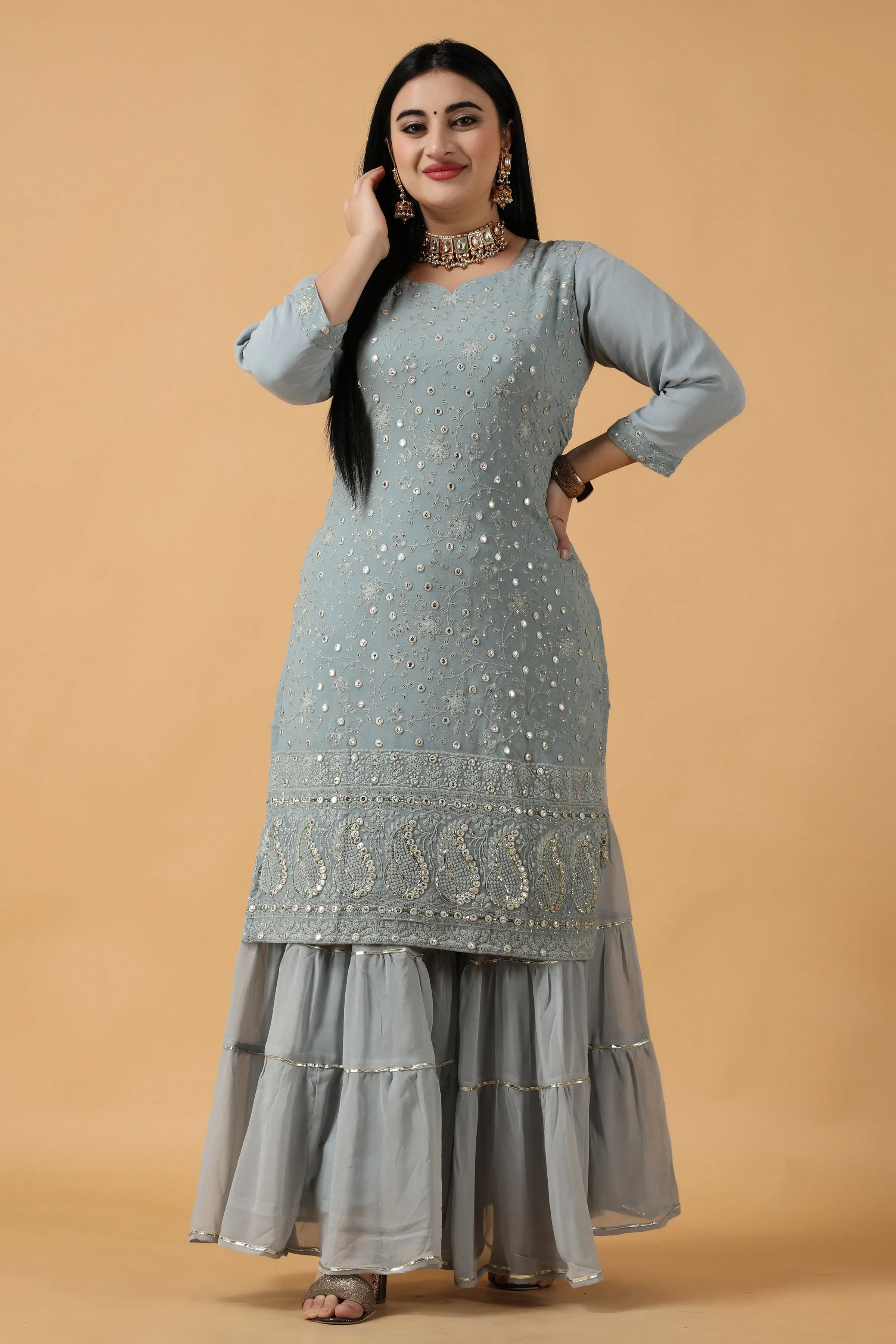 Foggy Grey Chikan Sharara Suit