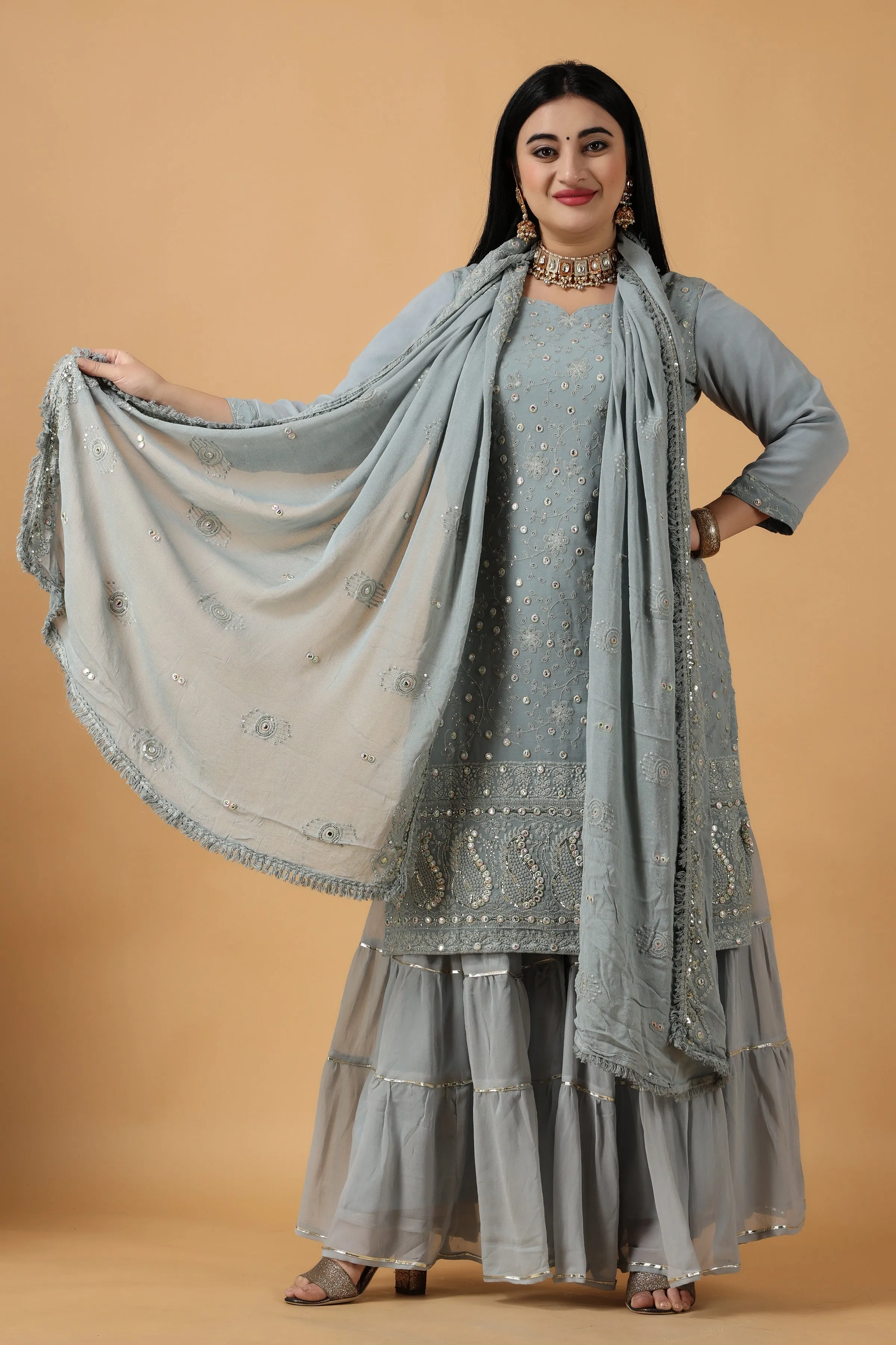 Foggy Grey Chikan Sharara Suit