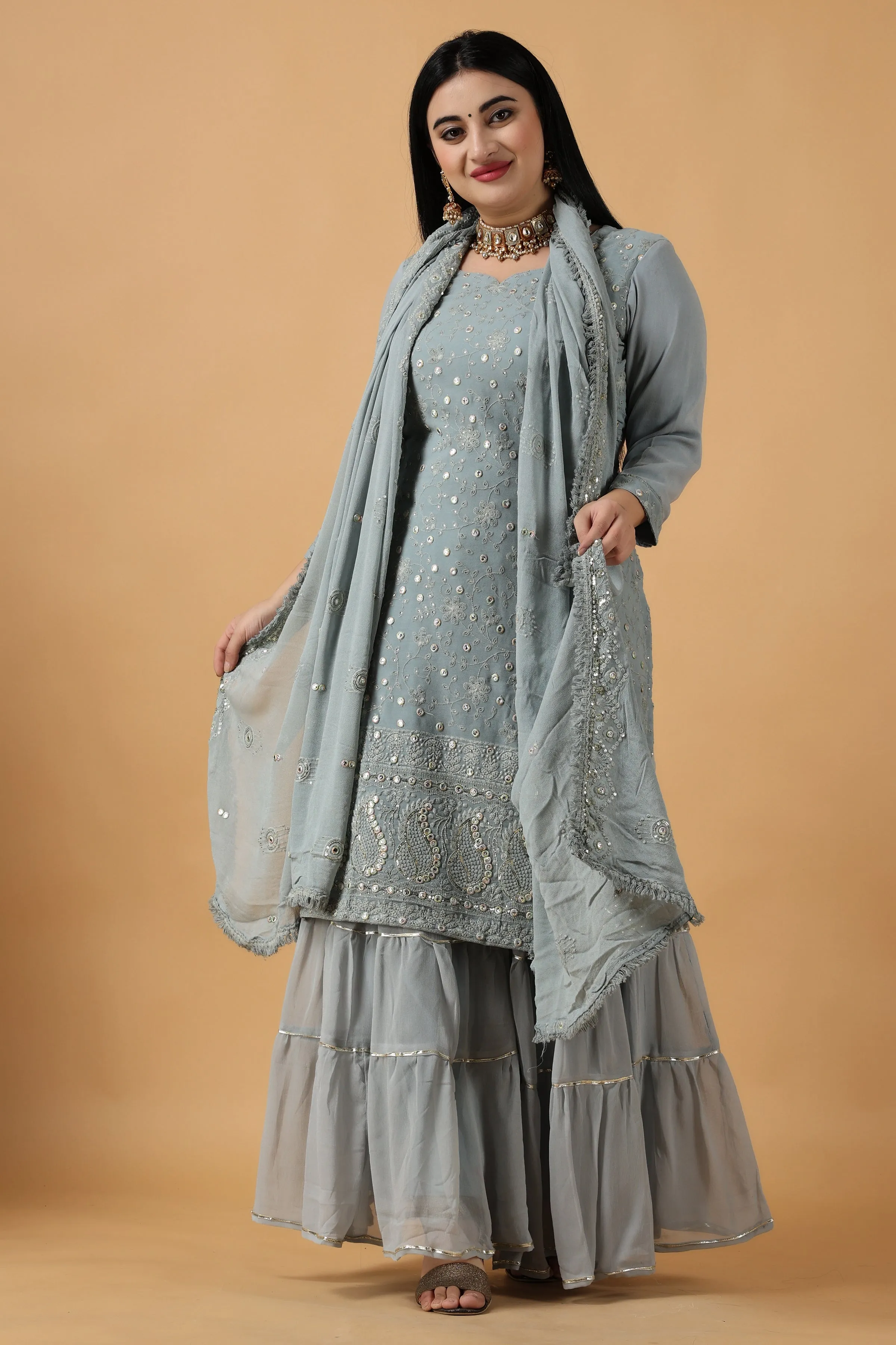 Foggy Grey Chikan Sharara Suit