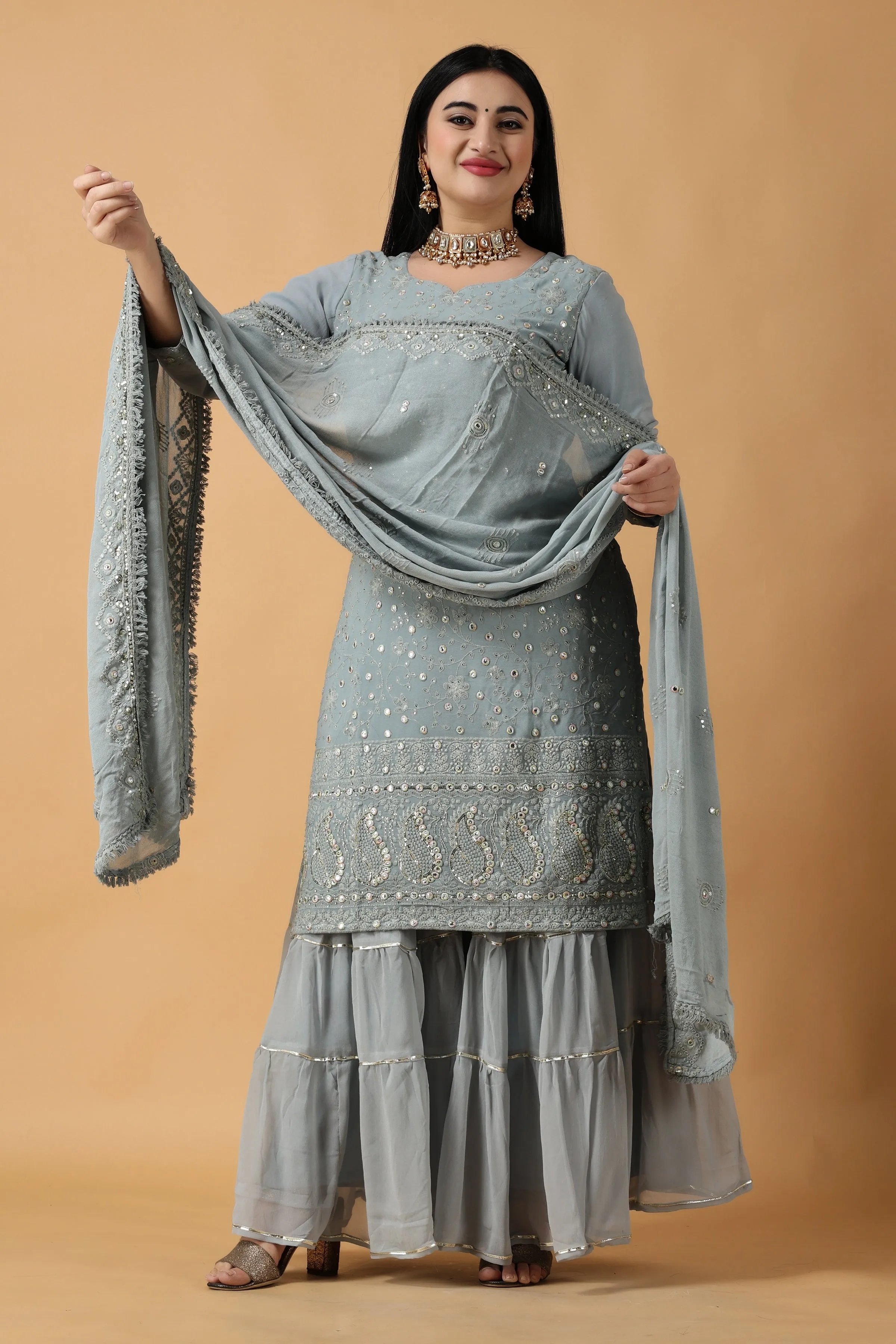 Foggy Grey Chikan Sharara Suit