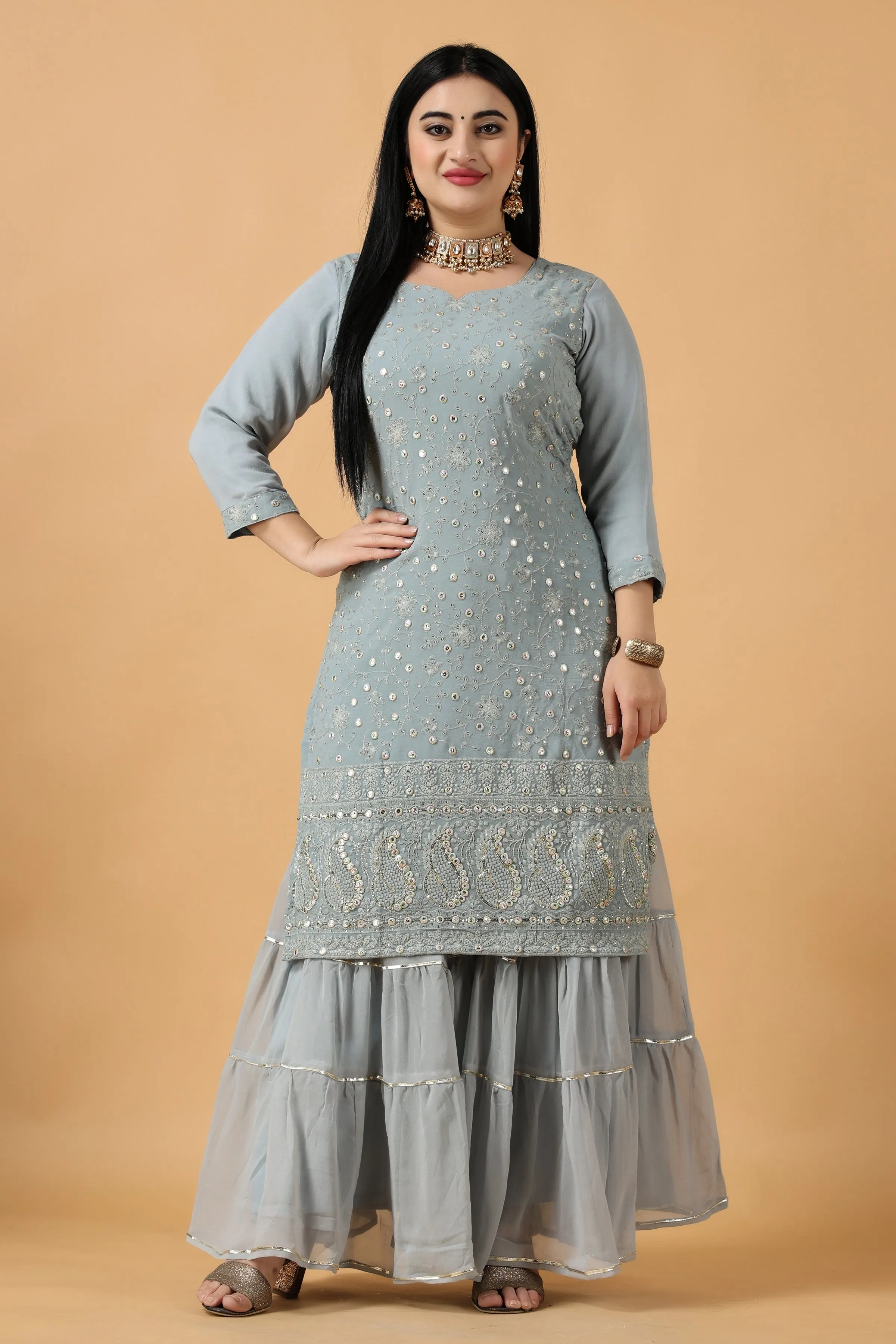 Foggy Grey Chikan Sharara Suit