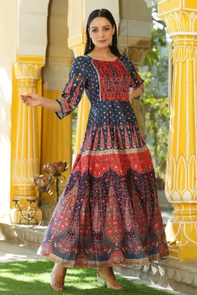 Juniper Navyblue Dull Satin Printed Anarkali Dress