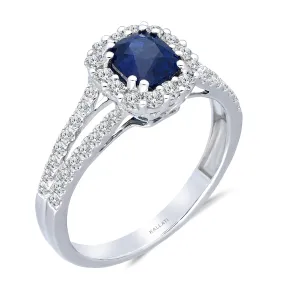 Kallati Heirloom Cushion Halo Split Shank Sapphire & Diamond Engagement Ring in 14K White Gold