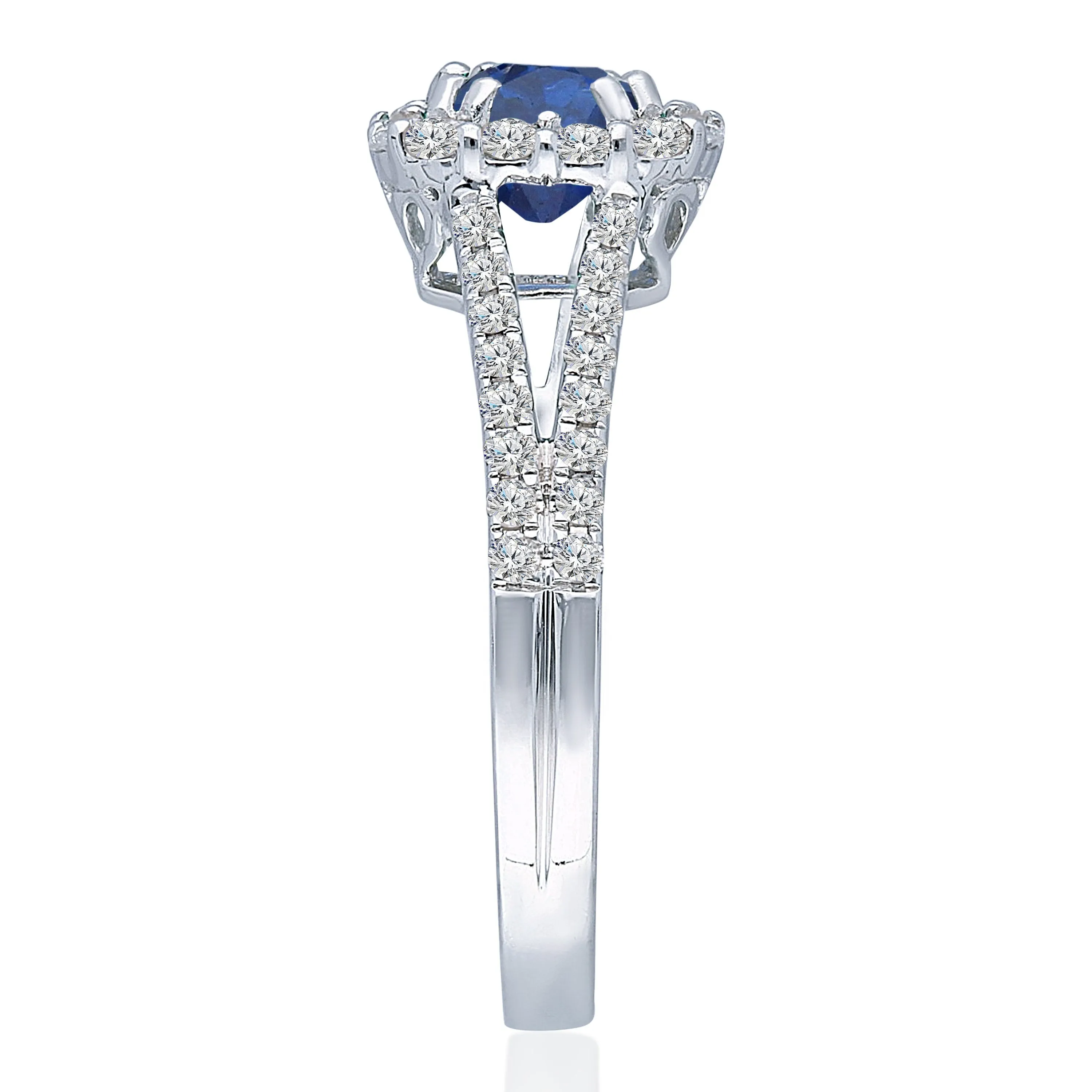 Kallati Heirloom Cushion Halo Split Shank Sapphire & Diamond Engagement Ring in 14K White Gold