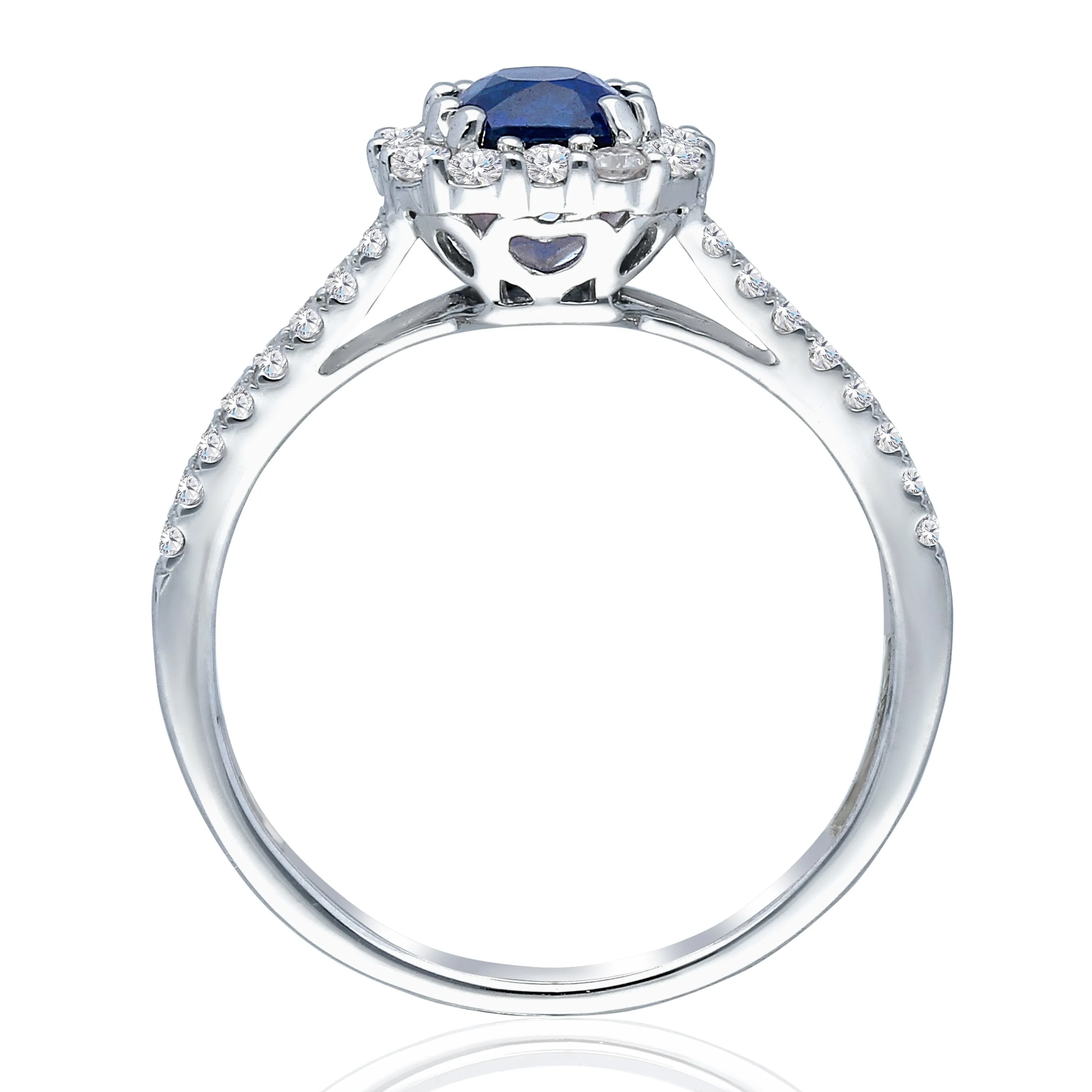 Kallati Heirloom Cushion Halo Split Shank Sapphire & Diamond Engagement Ring in 14K White Gold