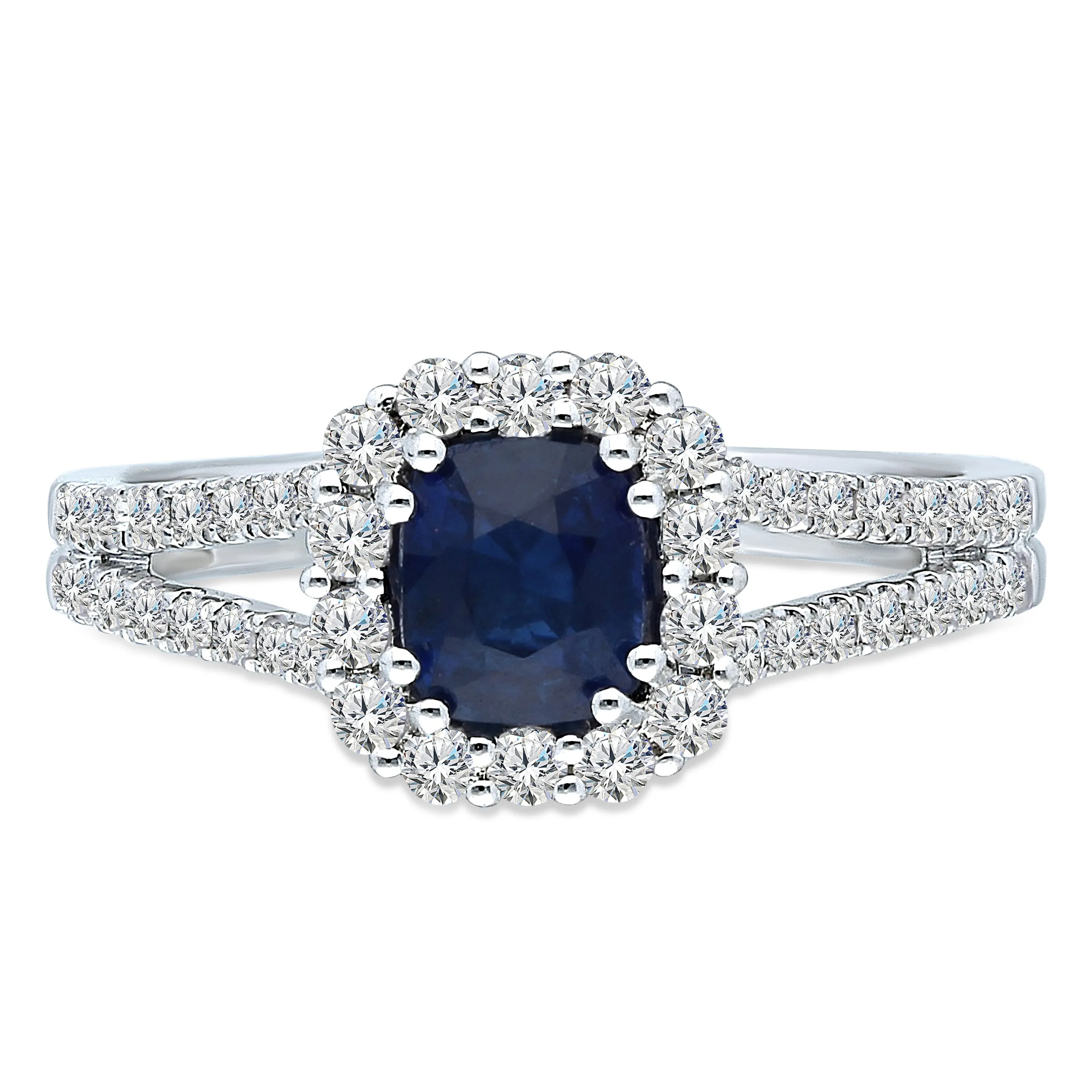 Kallati Heirloom Cushion Halo Split Shank Sapphire & Diamond Engagement Ring in 14K White Gold