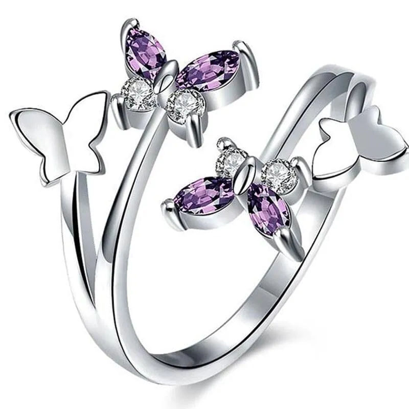 Korean Butterfly Resizable Amethyst Ring - 925 Sterling Silver