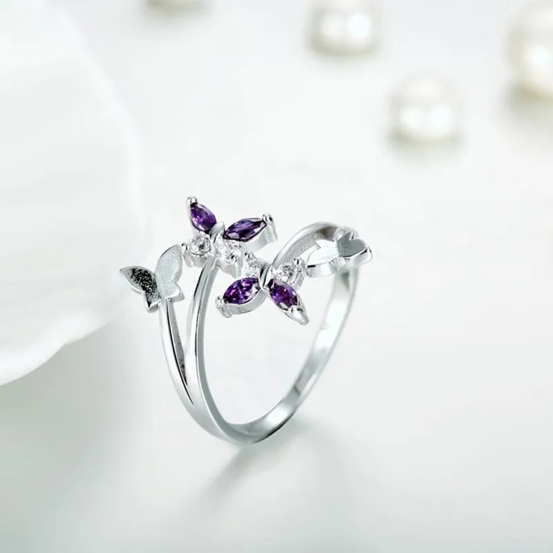 Korean Butterfly Resizable Amethyst Ring - 925 Sterling Silver