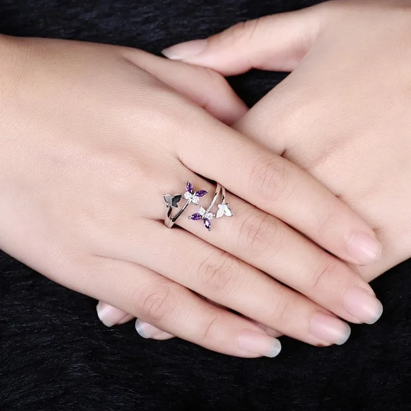 Korean Butterfly Resizable Amethyst Ring - 925 Sterling Silver