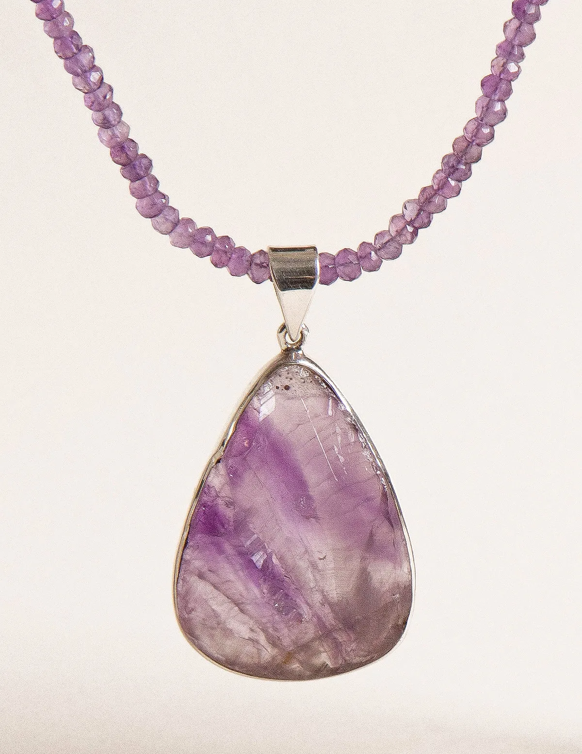 Large Teardrop Natural Amethyst Pendant Beaded Necklace - One of a Kind