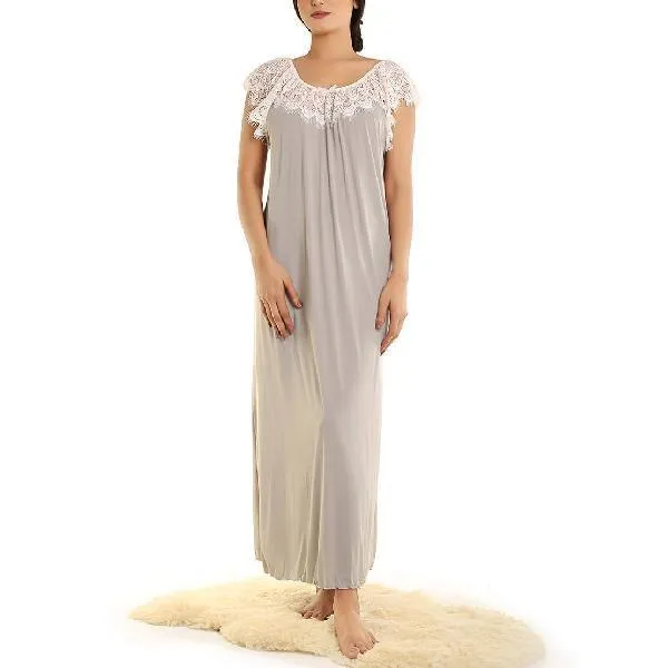 Long Nighty With Contrast Lace Neckline And Drop Shoulders