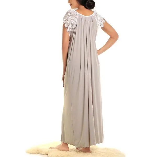 Long Nighty With Contrast Lace Neckline And Drop Shoulders