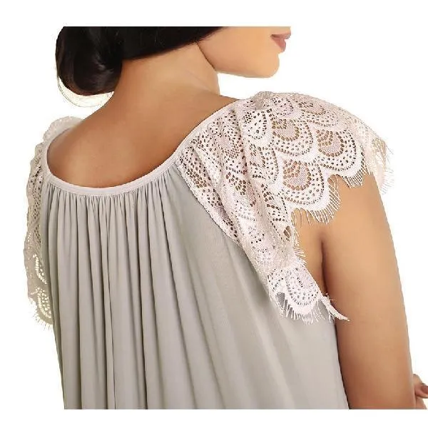 Long Nighty With Contrast Lace Neckline And Drop Shoulders