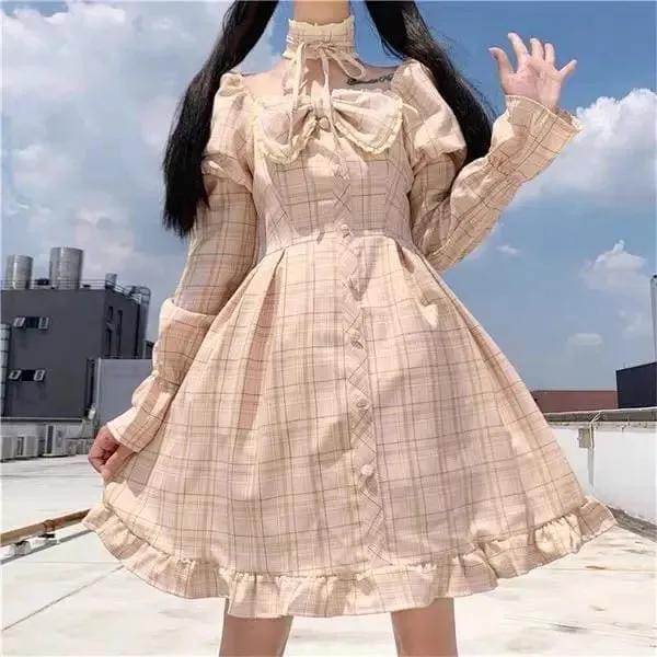 Olivia Snowbird Plaid Kawaii Princess Dolly Dress with Choker