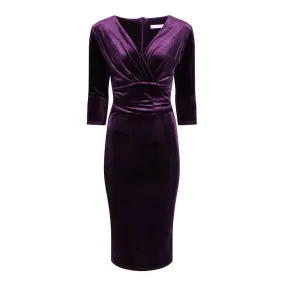 Purple Velour Deep V 3/4 Sleeve Bodycon Ruched Waist Wiggle Dress