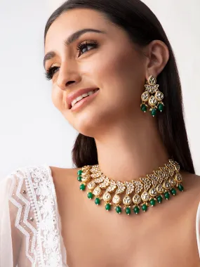 Rubans 22K Gold Plated Kundan Necklace Set With And Green Beads