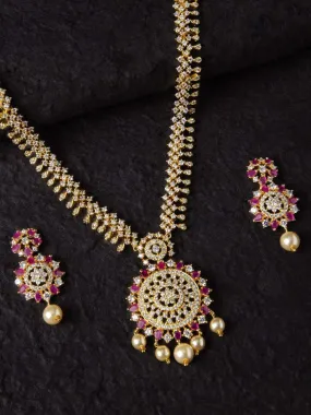 Rubans Finely Handcrafted Gold Plated CZ And Ruby Studded Necklace Set