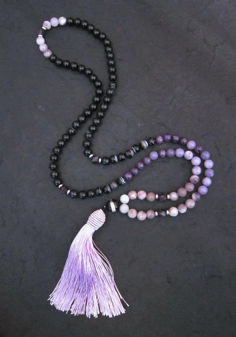 SALE - 108 Mala Tassel Necklace in Agate, Amethyst, Charoite ~ Root Chakra Mala